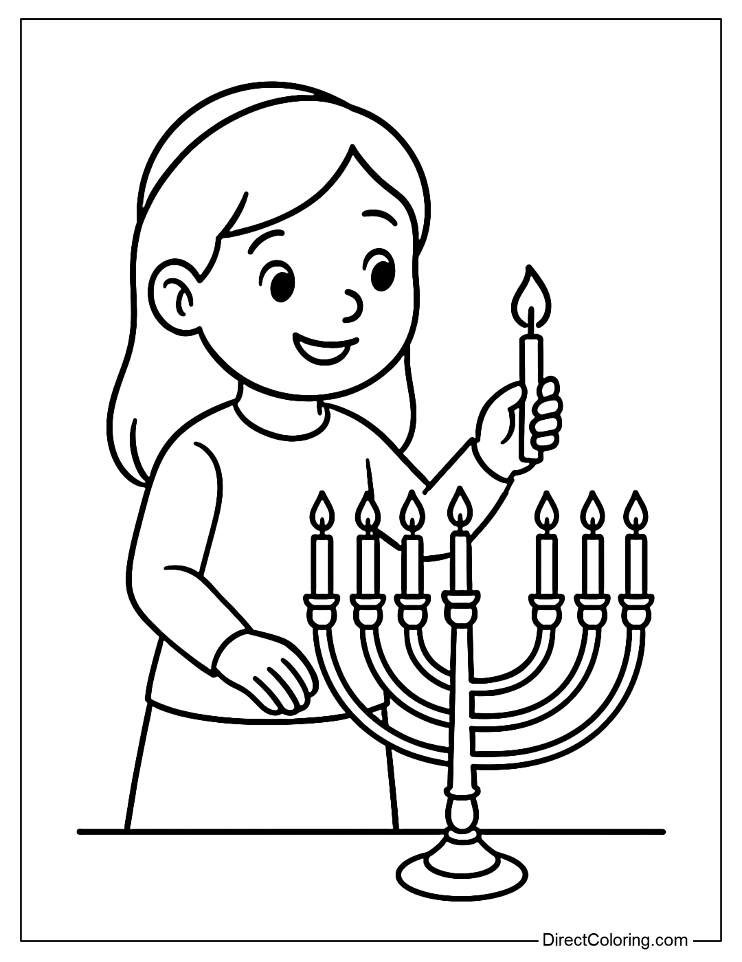 Coloring page of a girl lighting a 9-branched menorah for Hanukkah.